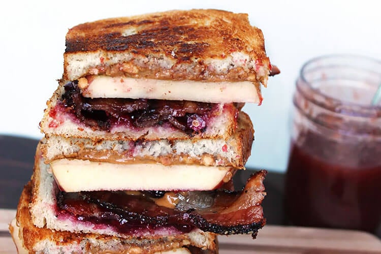 Grilled Peanut Butter and Jelly With Bacon, Apple, and Pomegranate