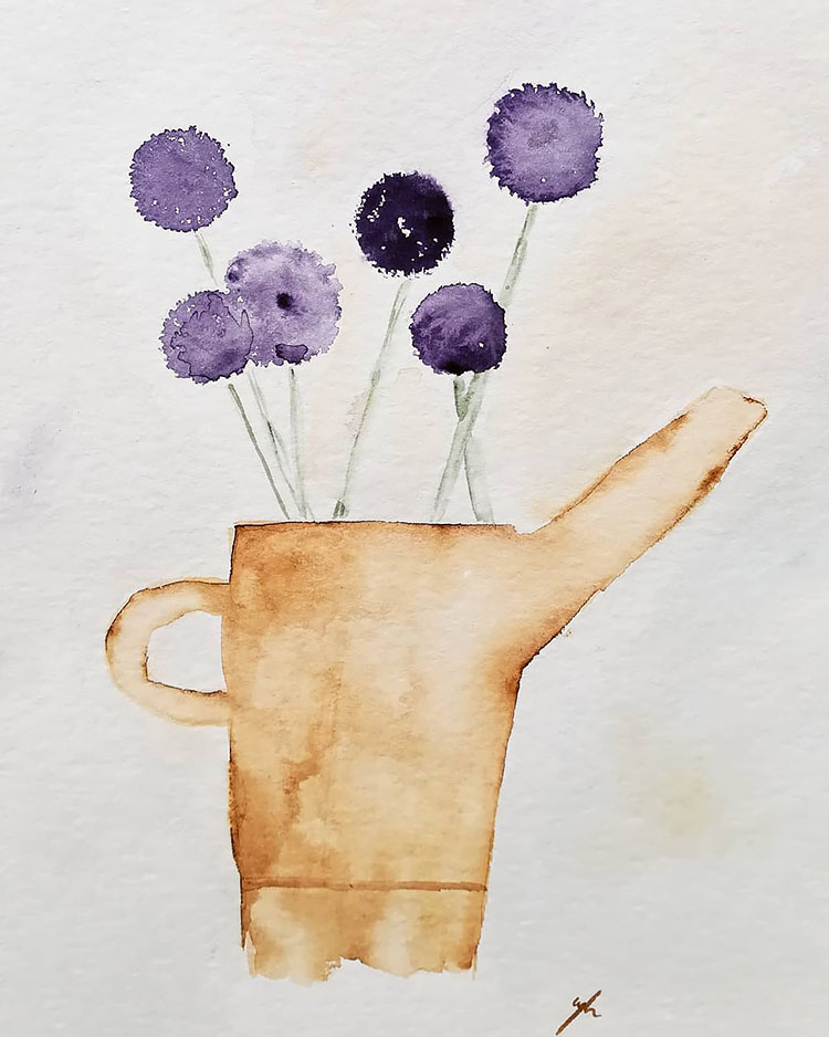 PURPLE WATERCOLOR FLOWERS IN A WATERING CAN