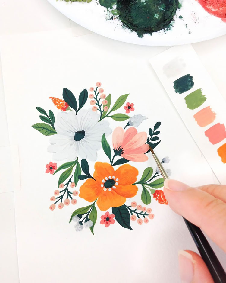 ORANGE GREEN AND PINK WATERCOLOR FLOWERS