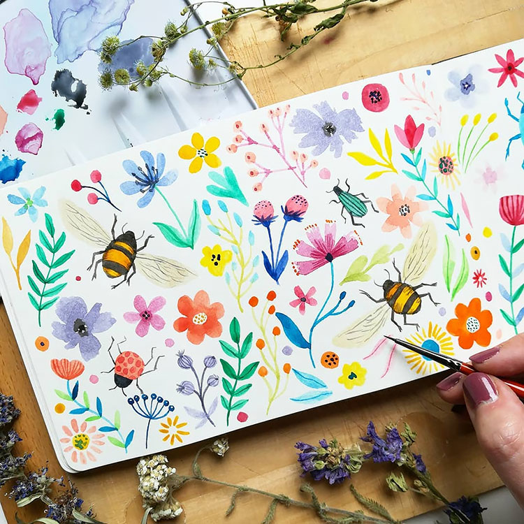 COLORFUL WATERCOLOR FLOWERS WITH BEES AND LADY BUGS