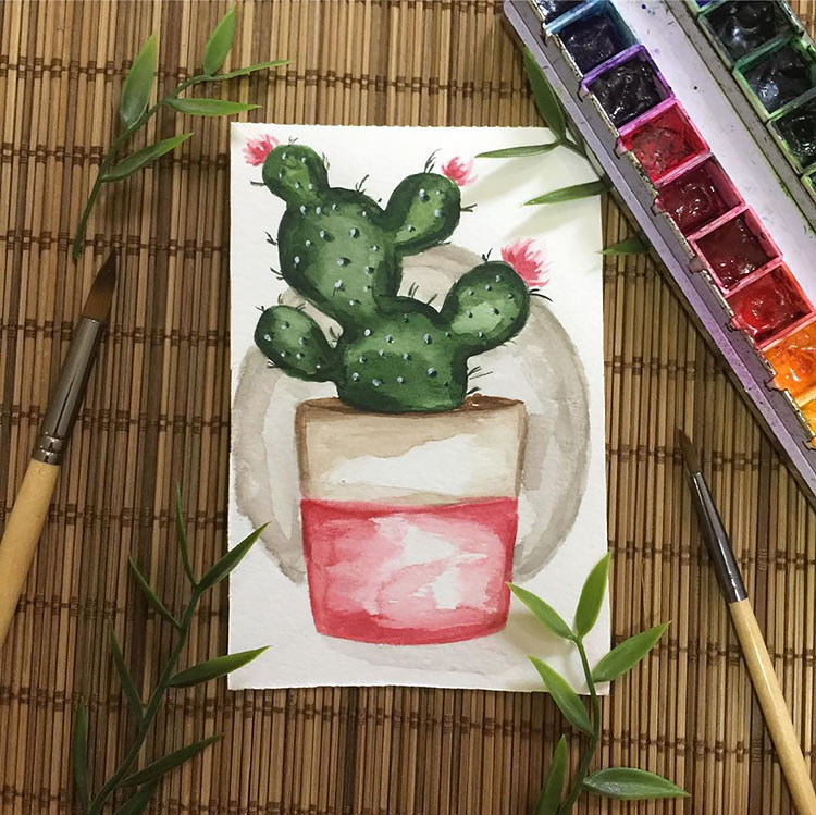 WATERCOLOR CACTUS IN FLOWER POT