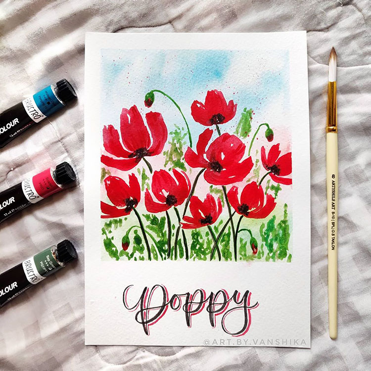 POPPY FLOWER FIELD USING WATERCOLOR PAINT