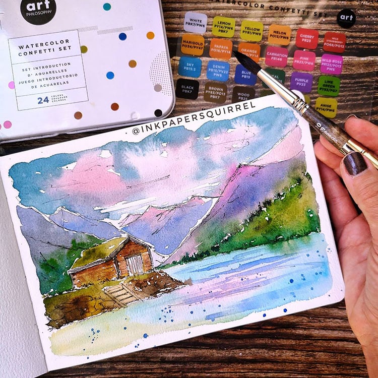 HOUSE NEAR THE LAKE AND MOUNTAINS