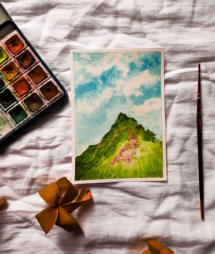 WATERCOLOR GREEN MOUNTAIN WITH BLUE SKY