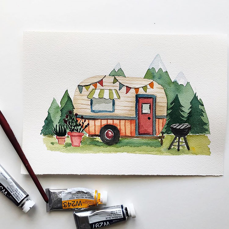 WATERCOLOR CAMPER IN THE WILDERNESS