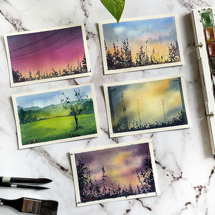 FIVE WATERCOLOR OUTSIDE PAINTINGS