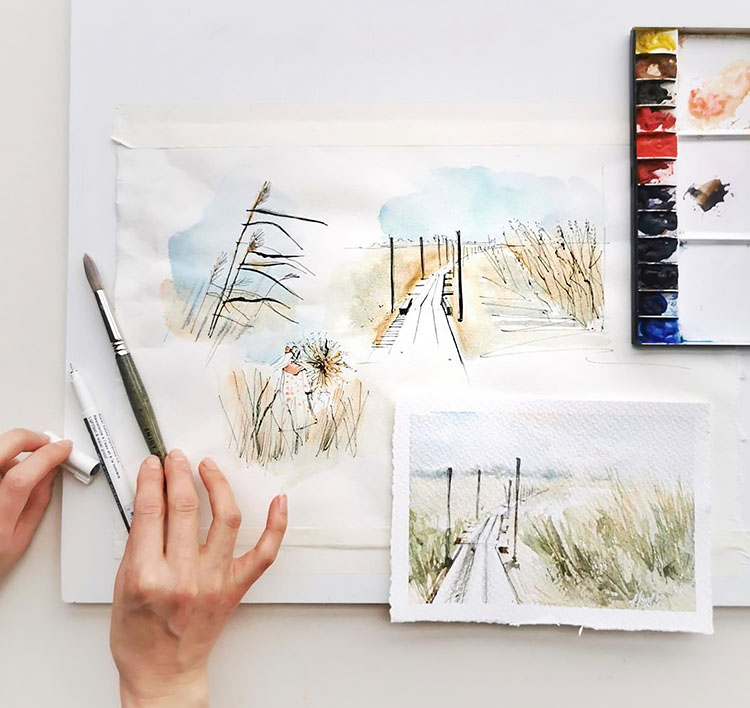 WATERCOLOR BEACH PAINTING WITH MUTED COLORS