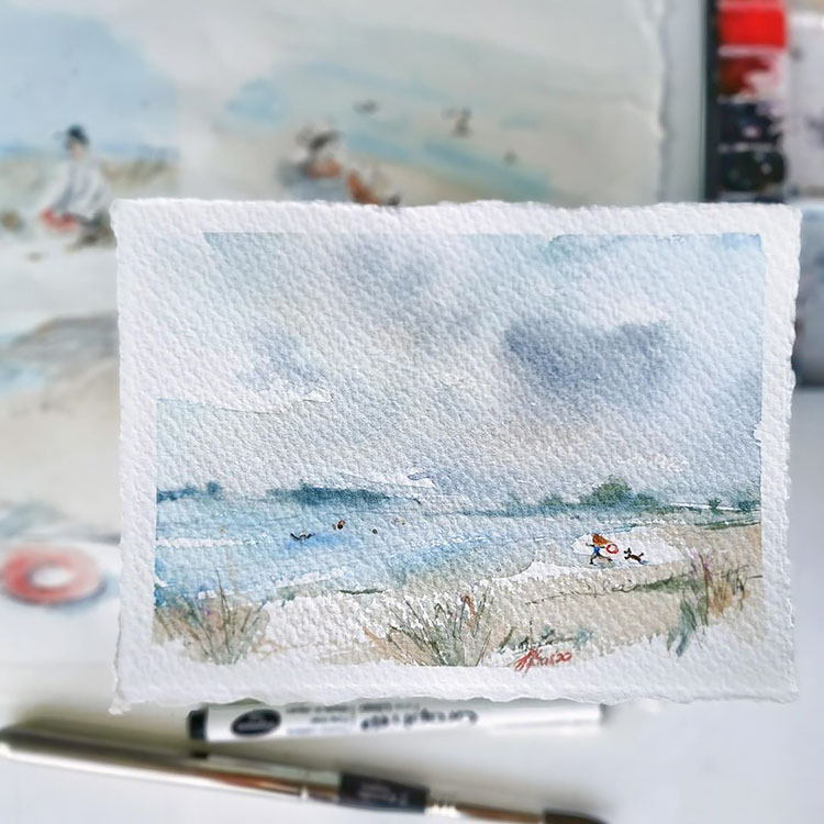 WATERCOLOR BEACH PAINTING WITH MUTED COLORS