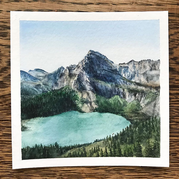 REALISTIC WATER PAINTING OF MOUNTAIN WITH LAKE