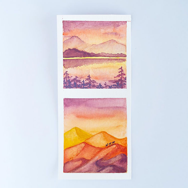 TWO WATERCOLOR LANDSCAPE PAINTINGS WITH MOUNTAINS