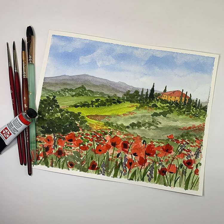 WATERCOLOR POPPY FIELD WITH HOUSE