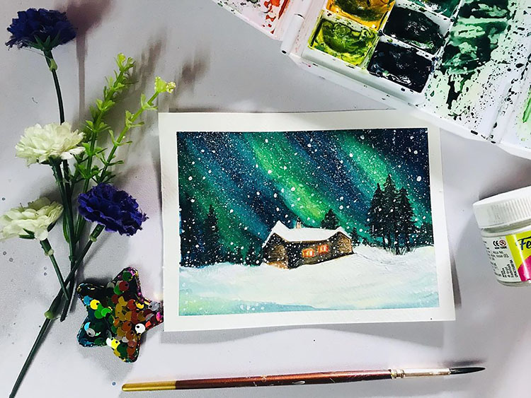 WATERCOLOR NORTHERN LIGHTS PAINTING WITH HOUSE