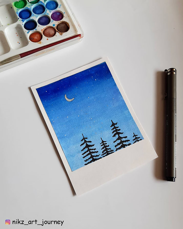 BLUE SKY WITH MOON AND TREES