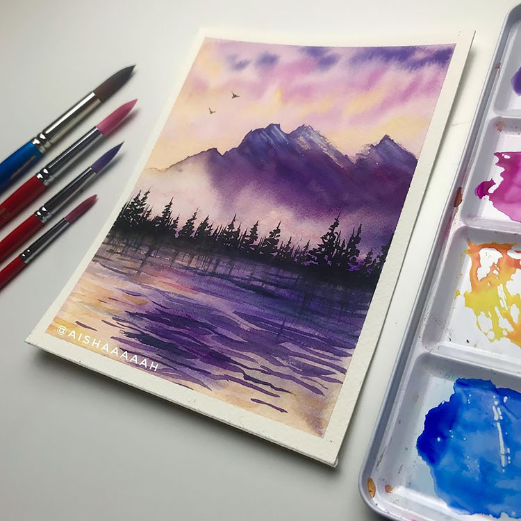 PURPLE WATERCOLOR LANDSCAPE MOUNTAINS
