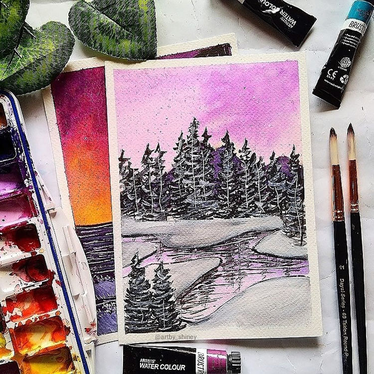 WATERCOLOR TREES WITH PURPLE SKY