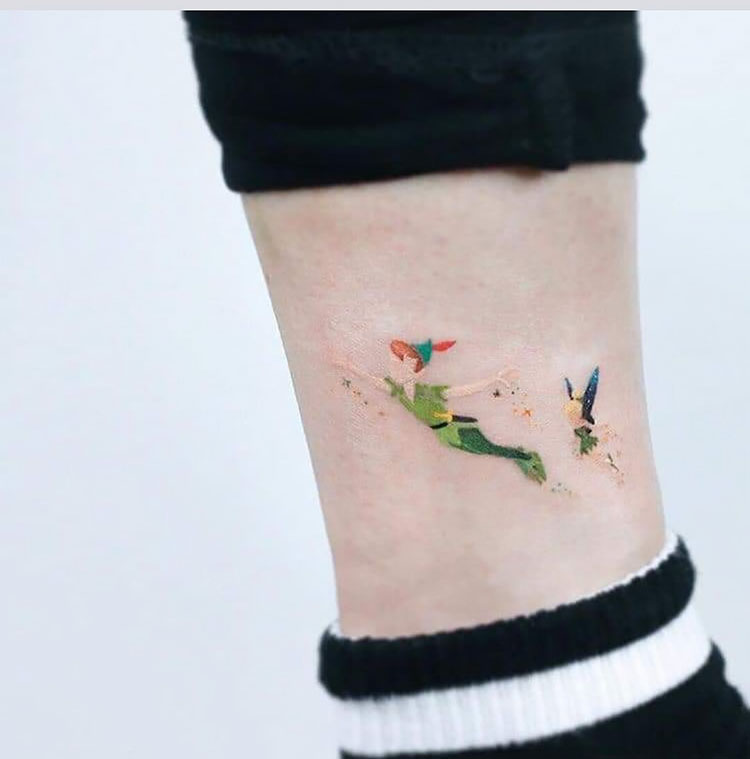 pepter pan and tinker bell ankle tattoo