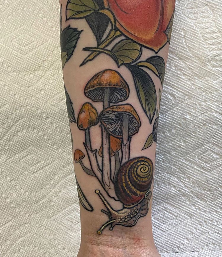 colored mushrooms and snail tattoo