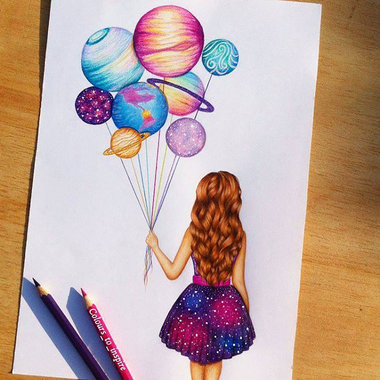 GIRL HOLDING PLANET BALLOONS