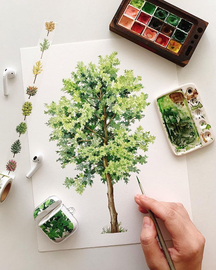 watercolor oak tree