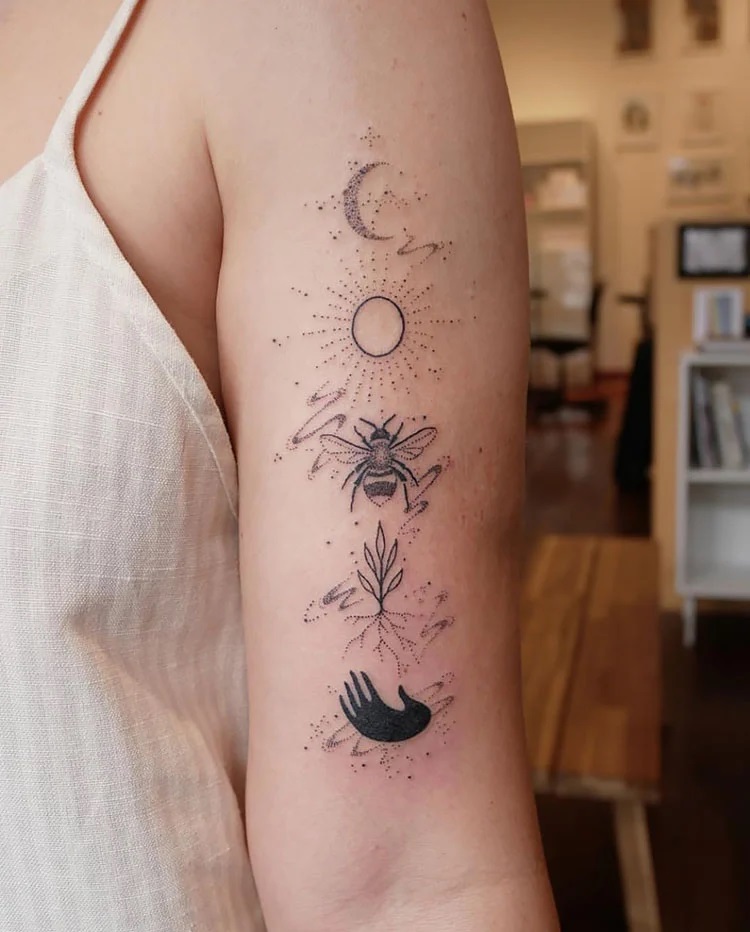 moon with bee sun and flower