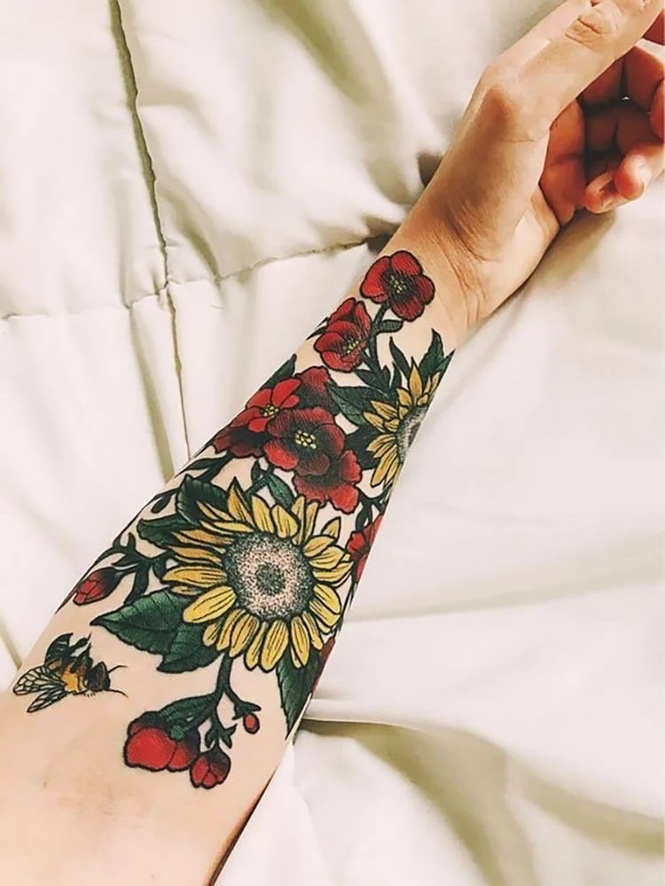 red and yellow bee with flowers
