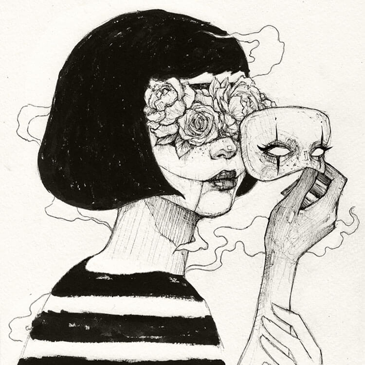 girl with flower eyes drawing