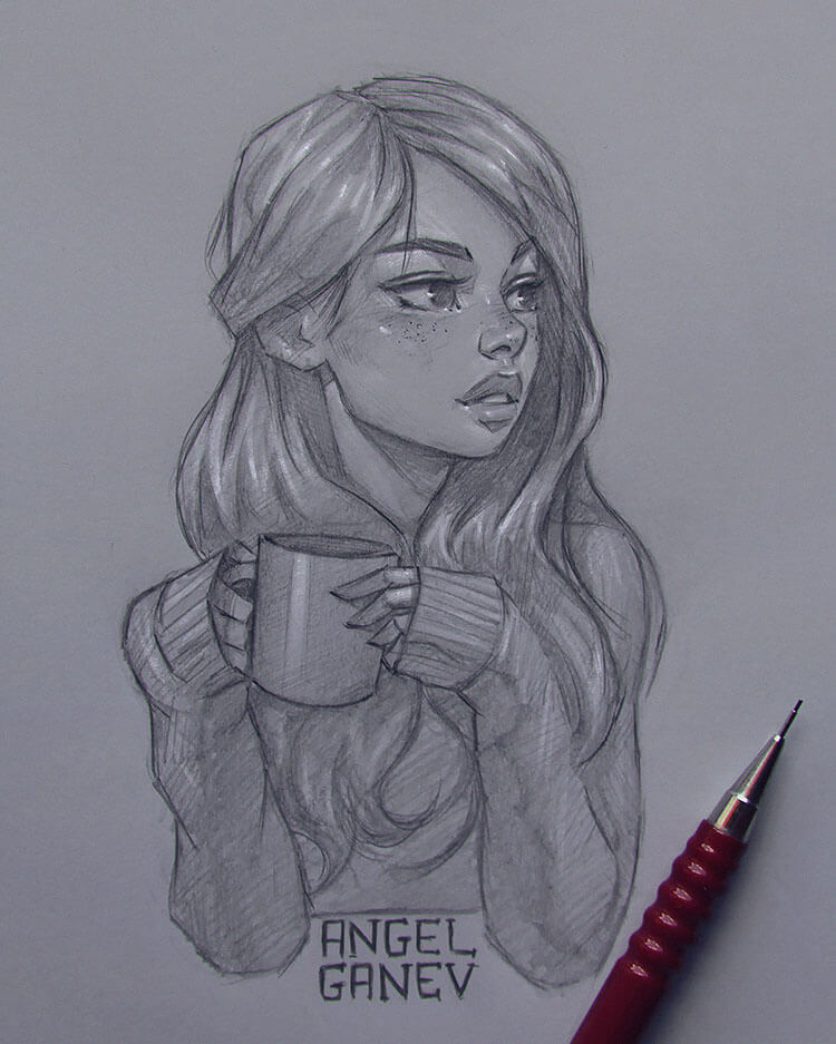 girl holding coffee sketch