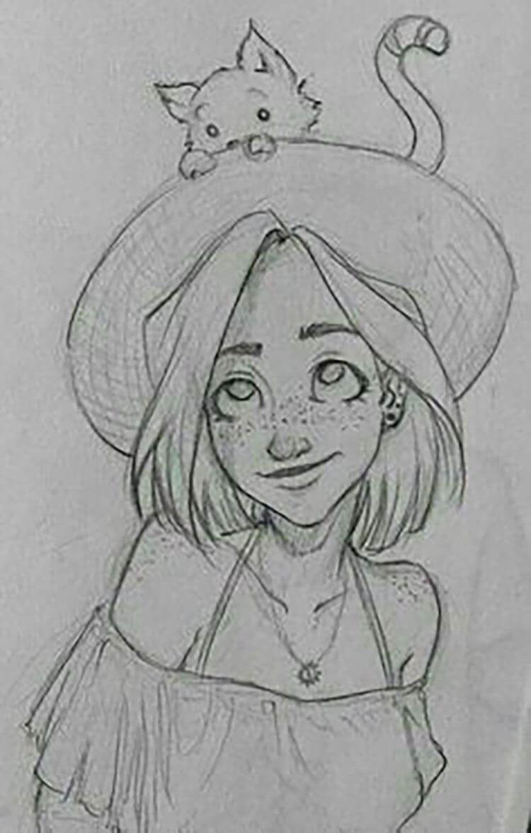 girl with cat on hat sketch