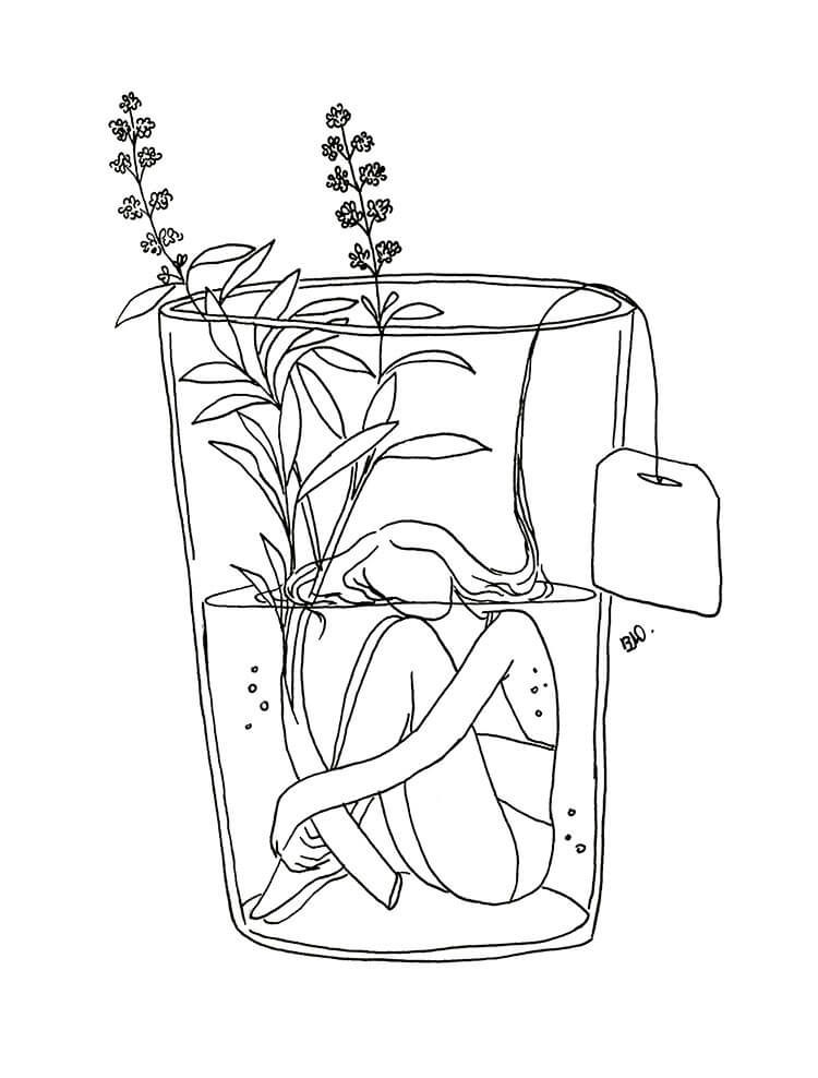 tea cup with girl and flowers