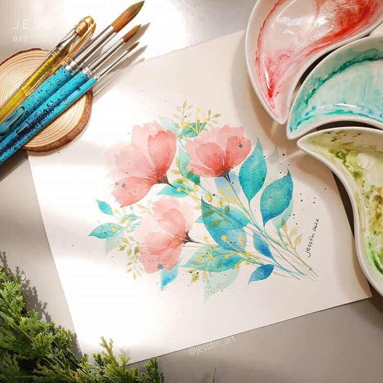pink and blue watercolor flowers