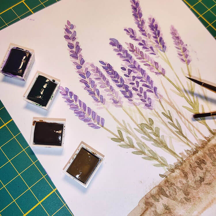 lavender watercolor flowers with soil