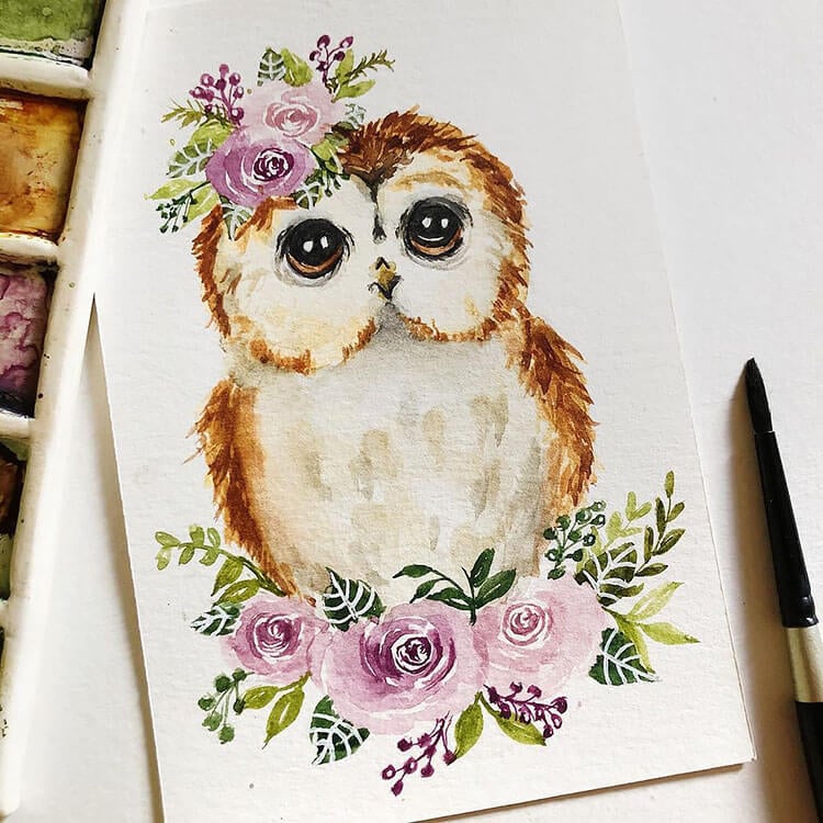watercolor owl with flowers