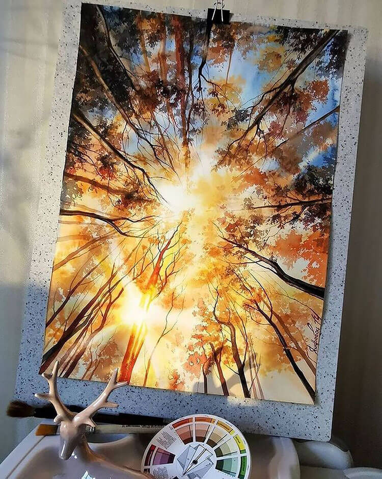 the woods and sun watercolor painting