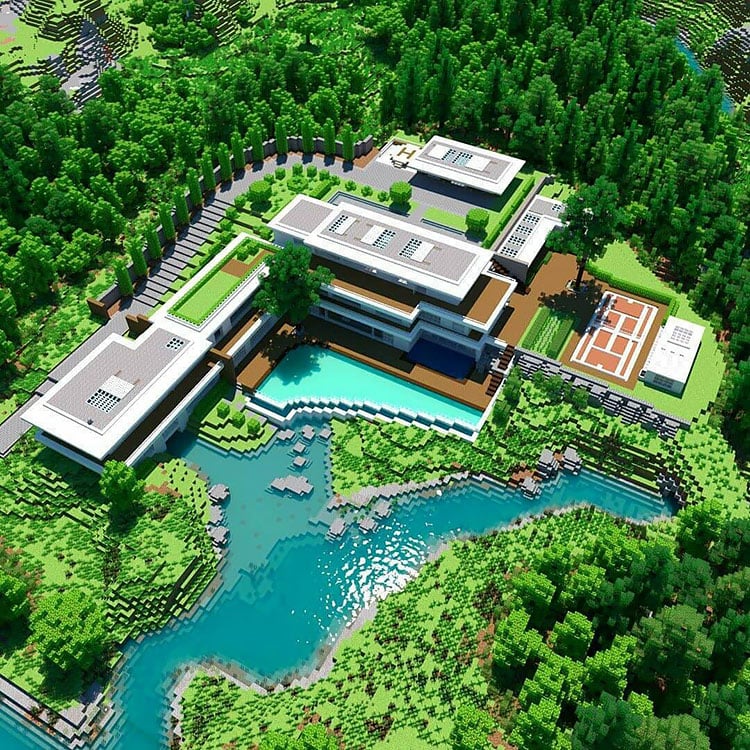 mansion with pool and lake