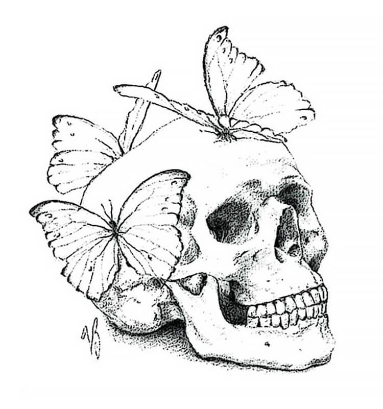 A SKULL WITH BUTTERFLIES