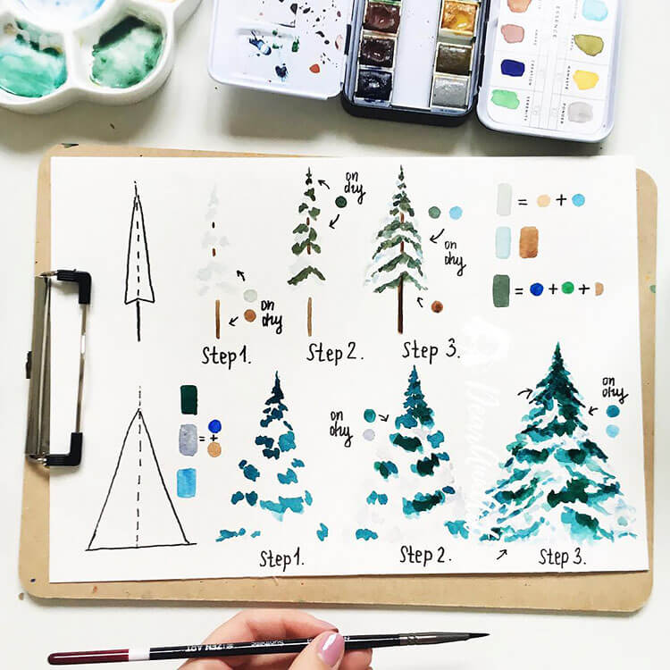WATERCOLOR CHRISTMAS TREE WITH SNOW