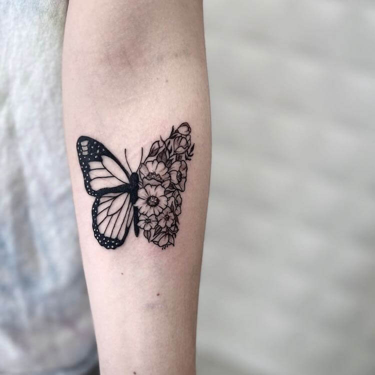 Half Flowers and Half Butterfly tattoo