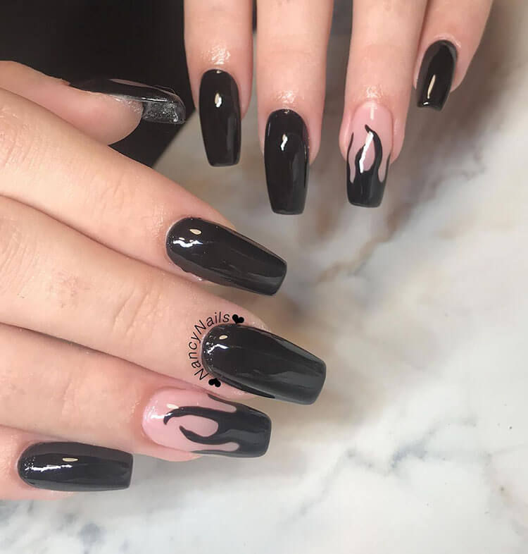 black nails with flames