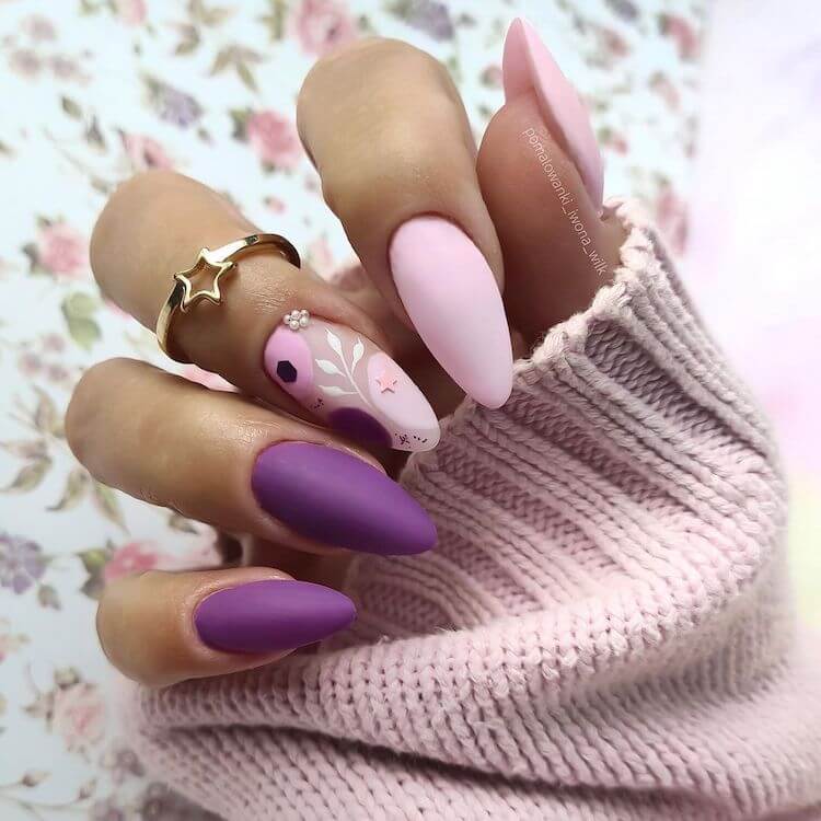 purple nails with flowers