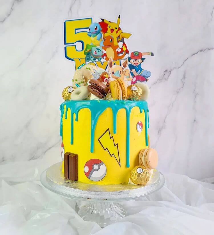 Pokemon cake with macarons