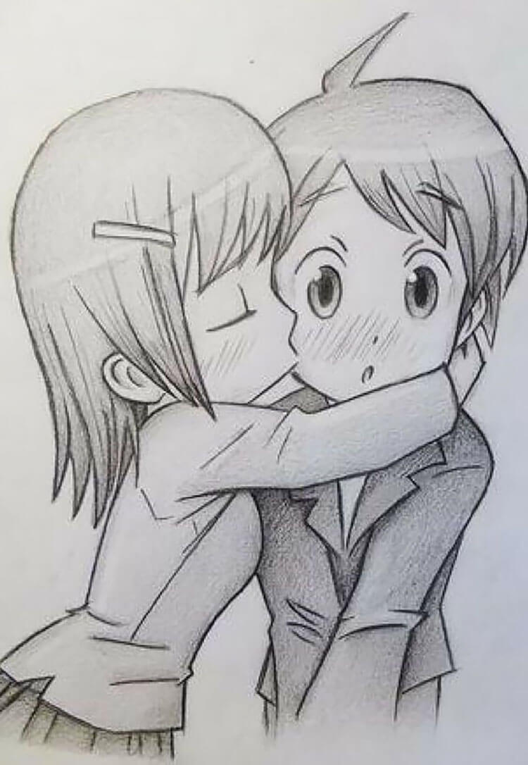 Girl Kissing Guy on the Cheek Drawing