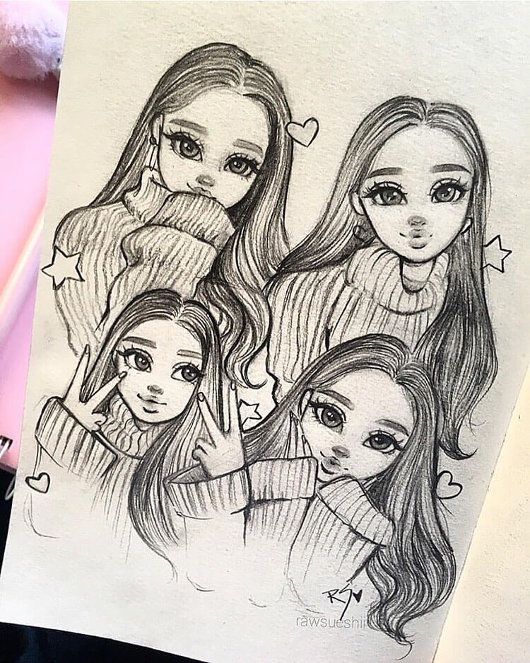 Girl Making Different Poses Drawing