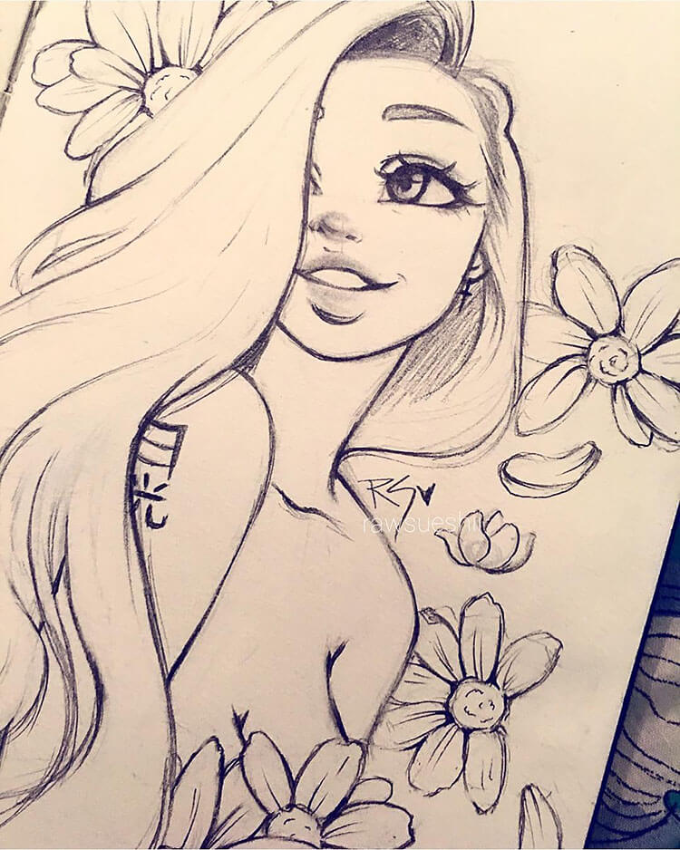 Girl Surrounded by Flowers Drawing