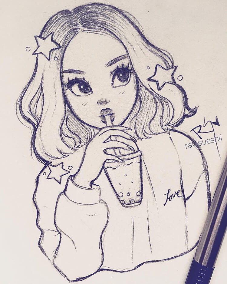 Girl Drinking Boba Drawing