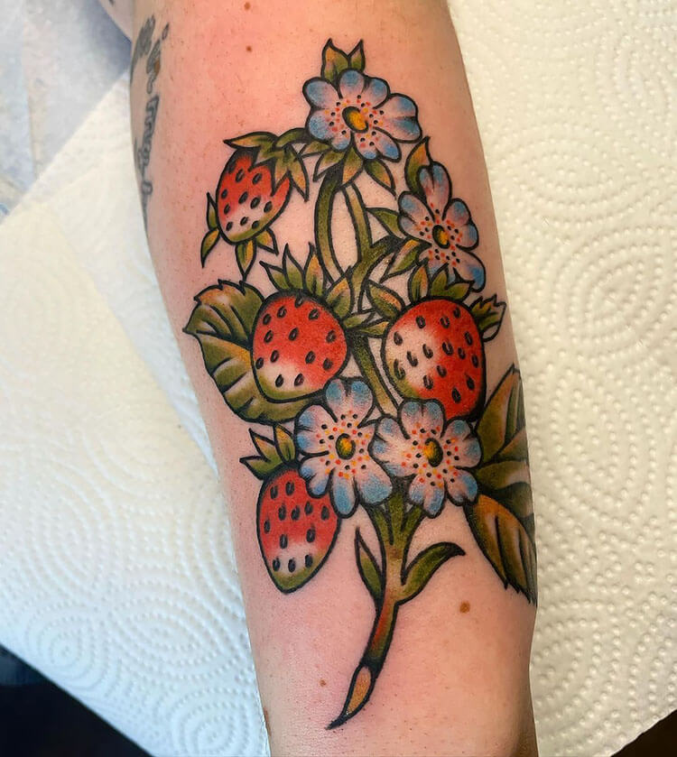  Done integrityalliance strawberrytattoo flowertattoo  jennifertroktattoos ashevillenc integrity  Strawberry tattoo Half  sleeve tattoo Sleeve tattoos