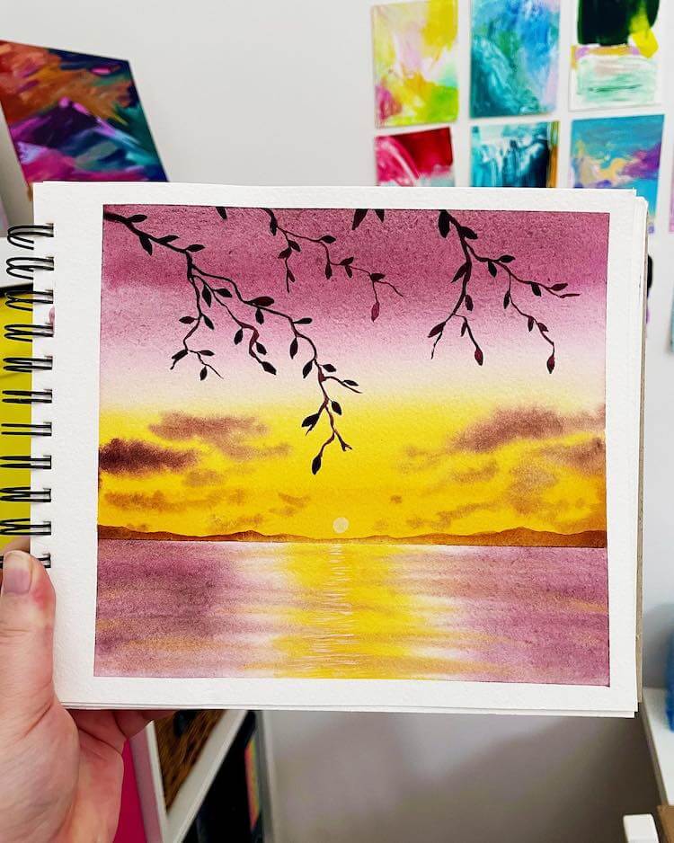 Purple and Yellow Sunset Painting