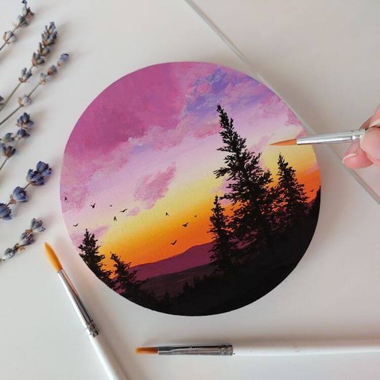 Sunset and Pine Trees Silhouette Painting