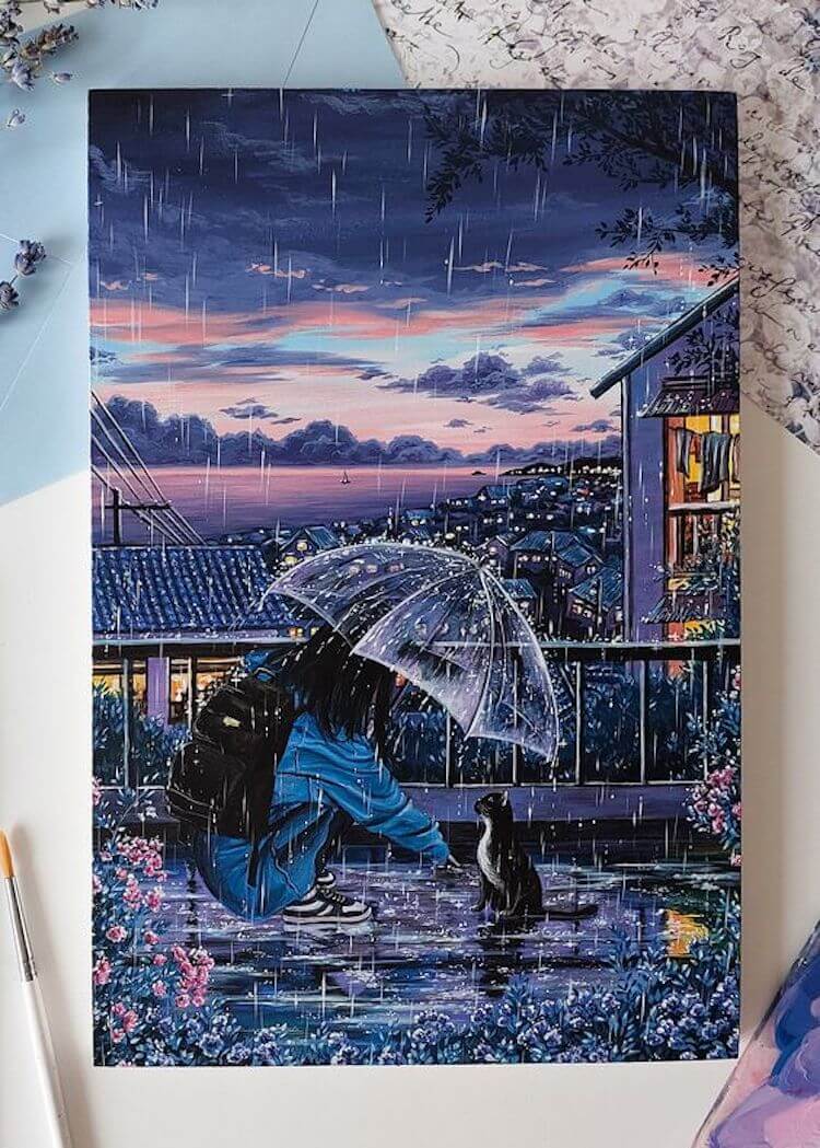 Girl with Cat Painting